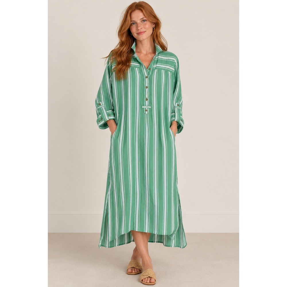 Anthropologie Green White Striped Maxi Shirt Dress Roll Tab Sleeve Pockets S/M